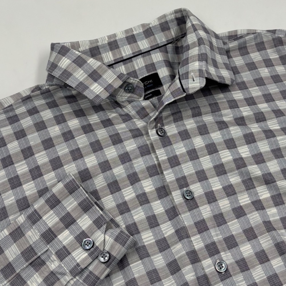 Bugatchi OoohCotton Tech Men's XL Grey Check 8-Way Stretch Long Sleeve Shirt